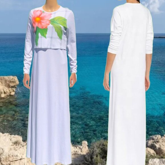 DONATELLA Bold Floral Accent Minimalist White Pima Cotton Maxi Dress Sz M - Picture 3 of 5